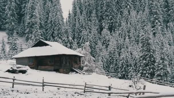 Fantastyczny zimowy krajobraz z drewnianym domem w zaśnieżonych górach. Święta Bożego Narodzenia. Karpaty, Ukraina, Europa — Wideo stockowe