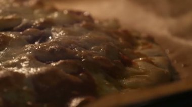 Büyük pizzanın yakın çekim görüntüsü fırında pişiyor. Peynir pizza yüzeyinde erir.