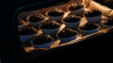 Lezzetli çikolatalı kekler fırında pişirilir. Kağıtların içine çikolata tozu serpiştirilmiş çikolatalı çörekler.