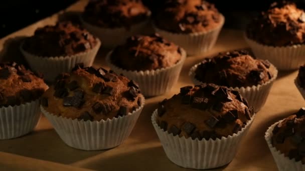 Deliciosas magdalenas en moldes de papel se cocinan en el horno vista de cerca — Vídeo de stock