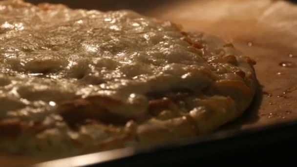 Kaas op pizza smelt van oven warmte close-up — Stockvideo