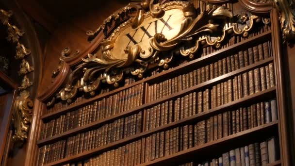 Schöne alte Bücherregale mit namenlosen Büchern. Innenraum der Österreichischen Nationalbibliothek mit einer Reihe alter Bücher in den Regalen. Die größte Bibliothek Österreichs — Stockvideo