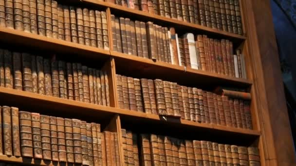 Belles étagères anciennes vintage avec des livres sans nom. Intérieur de la Bibliothèque nationale autrichienne avec un certain nombre de livres anciens sur les étagères. La plus grande bibliothèque d'Autriche — Video