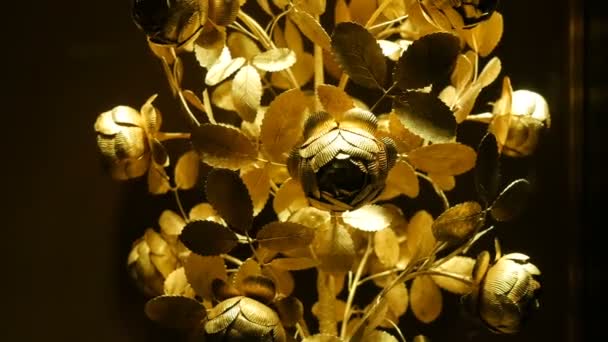 Egy igazi nagy rózsa aranyból kovácsolva, egy értékes ajándék a királyi családnak. Bécsi császári kincstár — Stock videók