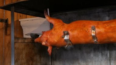 Koca domuz tükürüğü. Münih 'teki ortaçağ Noel pazarında kızartılmış domuz leşi. Kavrulmuş domuz eti, ateş ve kömürle pişirilir. Geleneksel Avrupa mutfağı ziyafeti.