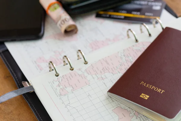 Word Map Passport Credit Card Money Cash Roll Table Prepare — Stock Photo, Image