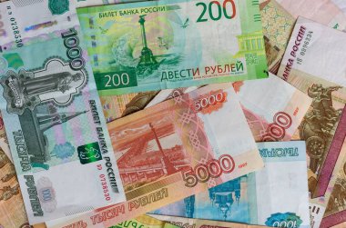 Rusya üst görünümü veya düz konsepti olan banknot / fatura ruble