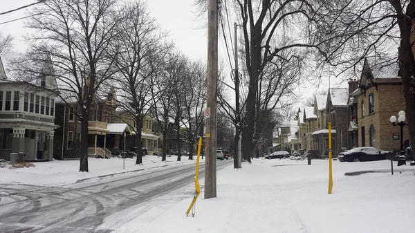 Cadde görünümü ve evleri karla kaplı sonra yoğun bir kar yağışı şehir merkezinde