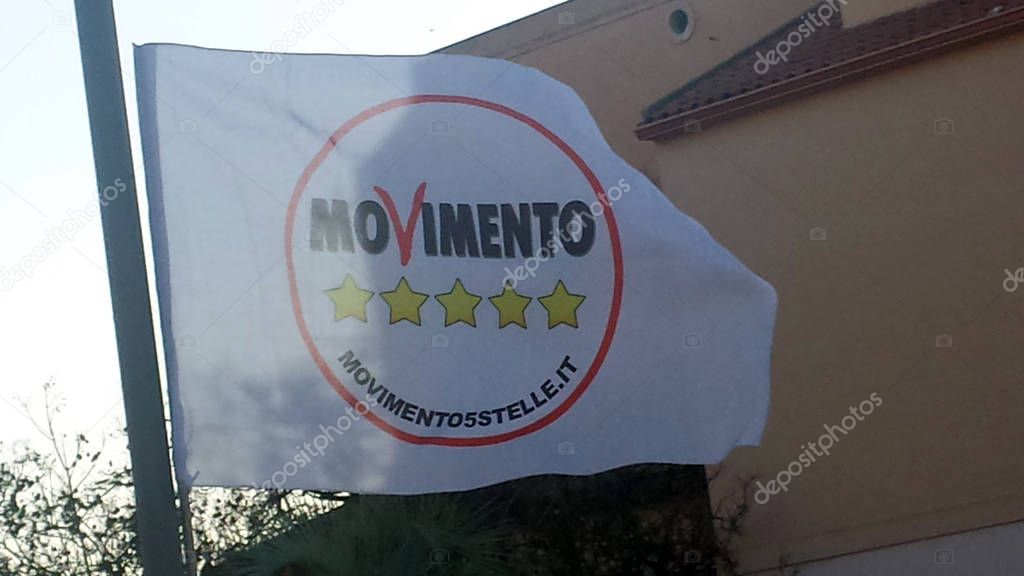Selargius, Italy - 09 June 2017: Political flag with logo of the italian party called Movimento 5 Stelle as editorial