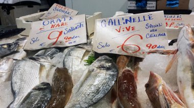 Geleneksel balık piyasa ahır taze kırmızı kırlangıç balığı ve orata İtalyanca Mercato di San Benedetto adlı etiketlerle dolu