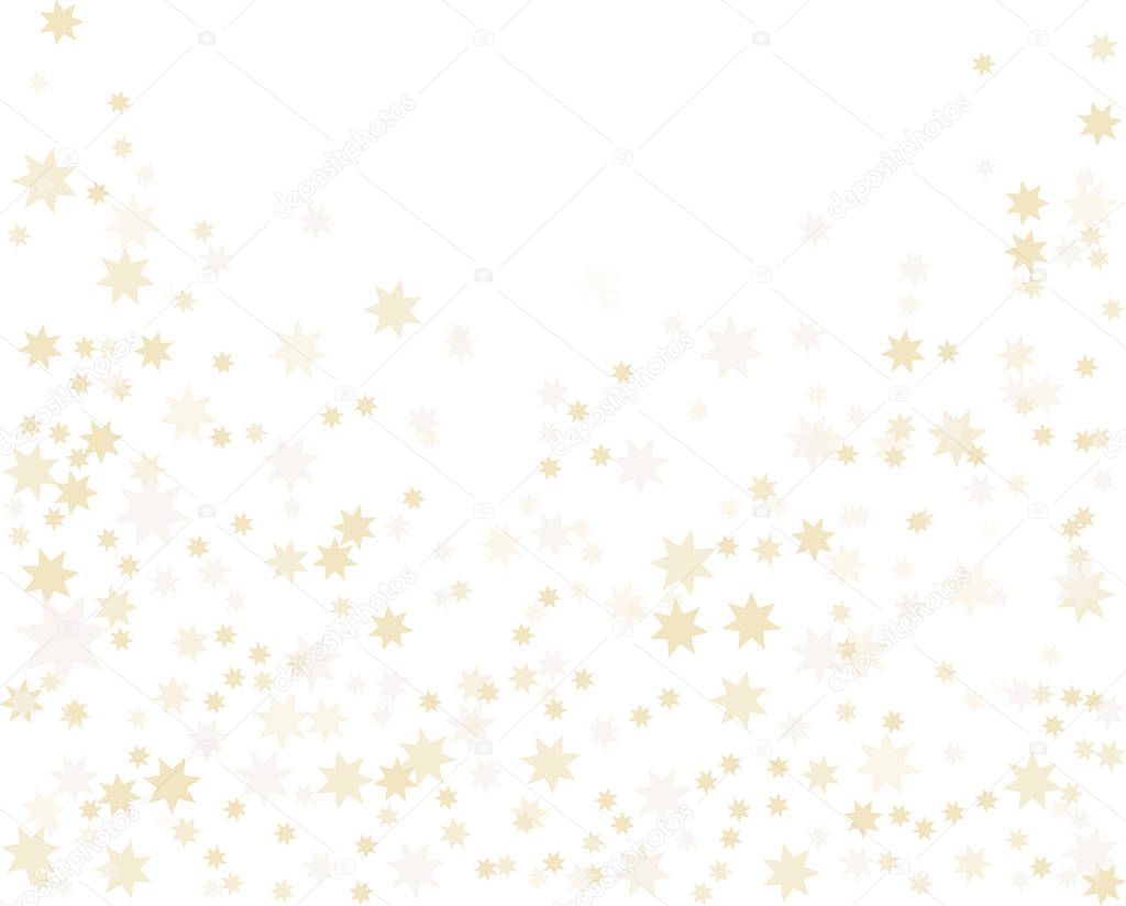 Abstract pattern of random falling gold stars on white background. Top free for text.