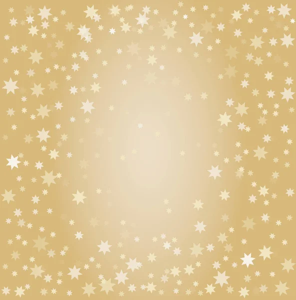 Patrón abstracto de estrellas de oro que caen al azar sobre fondo dorado. Un círculo en el centro libre de texto — Vector de stock