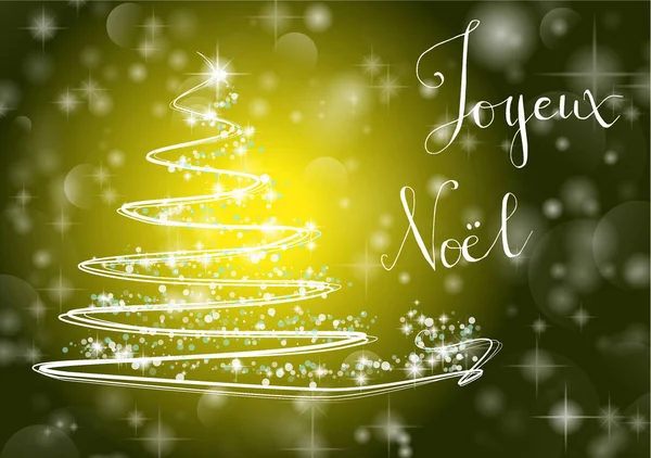 프랑스 "Joyeux 노엘" 메리 Chistmas "쓰기와 빛나는 노란색 배경에 크리스마스 트리" — 스톡 벡터