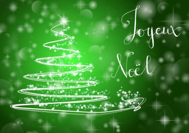 Abstract Christmas tree on shiny green background with the writing 