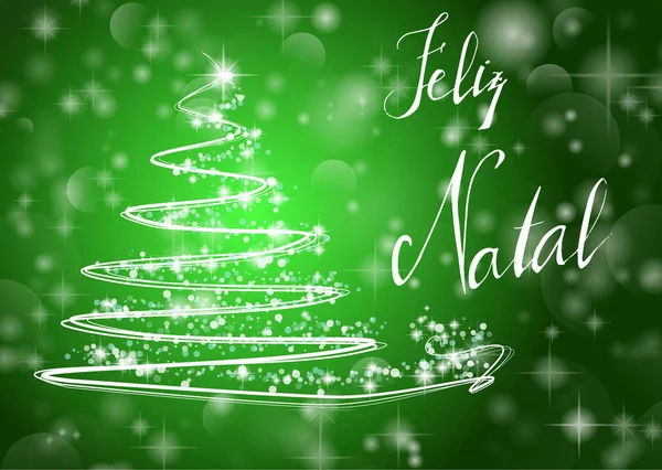 Новорічні ялинки на блискучі зелений фон з написанням "Веселі Chistmas" по-португальськи "з Різдвом Христовим" — стоковий вектор