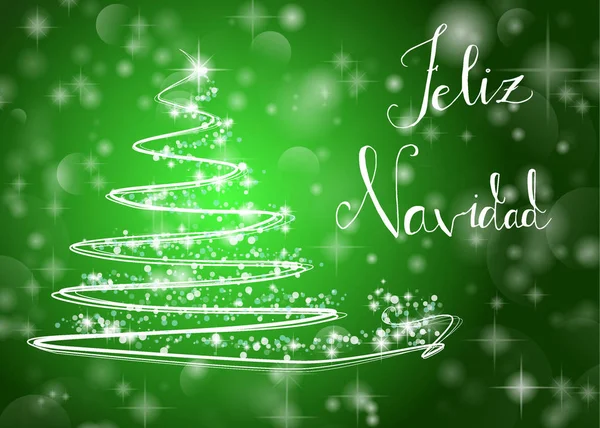 "메리 Chistmas" 스페인어 "Feliz Navidad 쓰기와 빛나는 녹색 배경에 크리스마스 트리" — 스톡 벡터