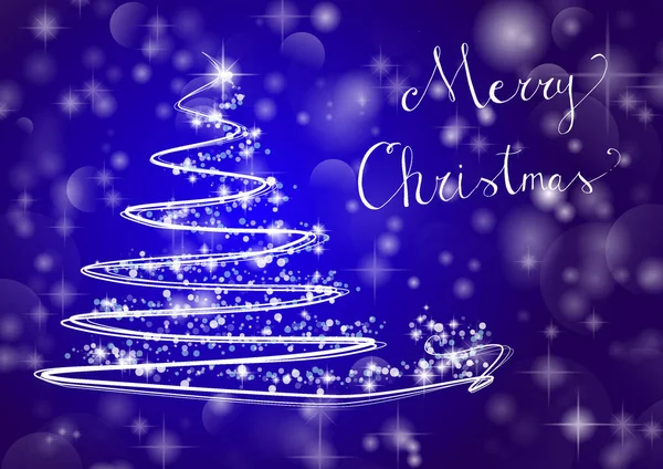 Χριστουγεννιάτικο δέντρο στο λαμπερό μπλε φόντο με το γράψιμο «Merry — Διανυσματικό Αρχείο
