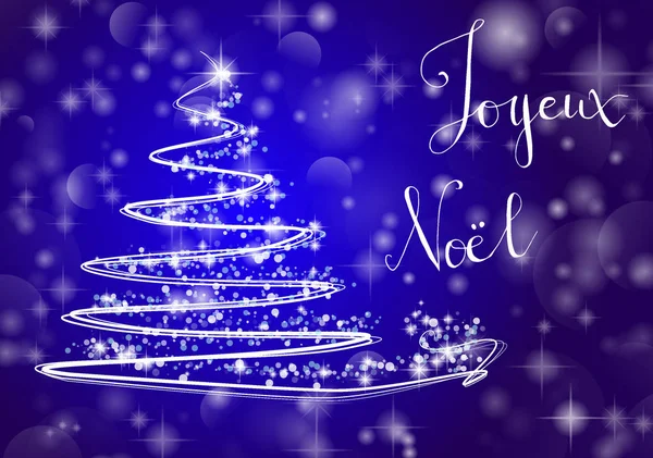 Arbre de Noël sur fond bleu brillant avec l'écriture "Joyeux — Image vectorielle