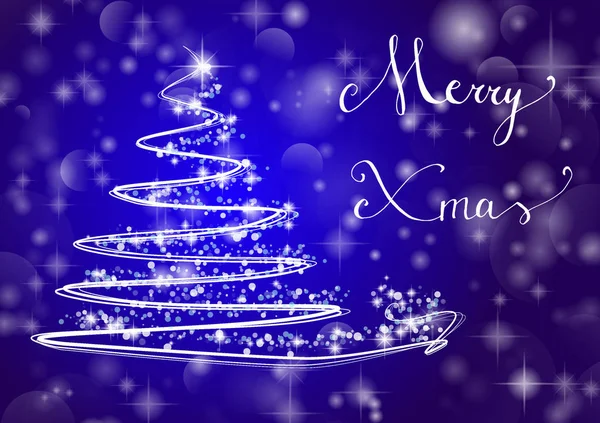 Arbre de Noël sur fond bleu brillant avec l'écriture "Joyeux — Image vectorielle