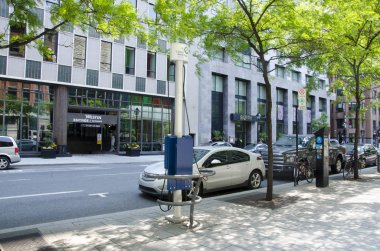 Elektrikli otomobil yaz aylarında yemyeşil ağaçlar altında sokakta istasyonu şarj şarj 