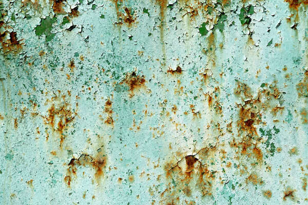 Old painted cyan rusty wall detailed texture