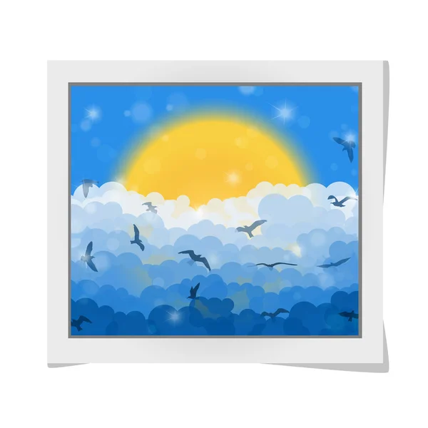 Cartoon photo frame with flying birds in clouds on sun and blue shining sky background. Vector illustration — Stock Vector