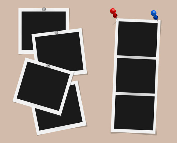 Набор квадратных векторных рамок на шпильках и заклепках изолирован на бежевом фоне. Дизайн шаблонных фотографий. Векторная иллюстрация
