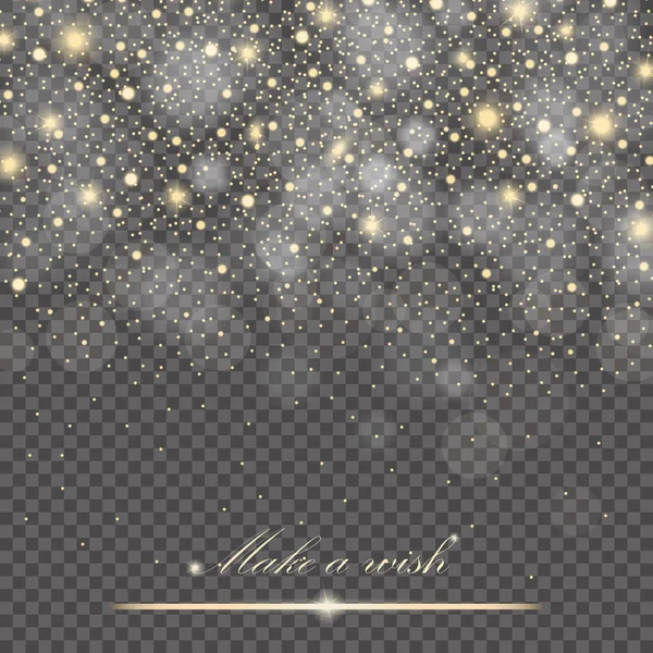 Vektör altın glitter parçacıklar etkisi tebrik zengin kartı lüks için arka plan. Köpüklü doku. Yıldız tozu gri şeffaf arka plan açılımına kıvılcım. Vektör çizim