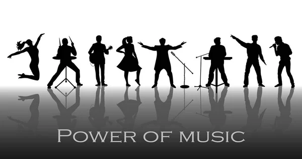 Macht des Musikkonzepts. Set schwarzer Silhouetten von Musikern, Sängern und Tänzern. Vektorillustration — Stockvektor