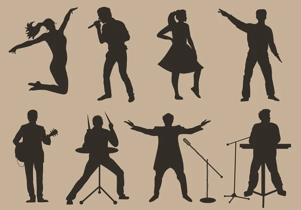 Set of brown silhouettes of musicians, singers and dancers on beige background. Vector illustration — Stock Vector
