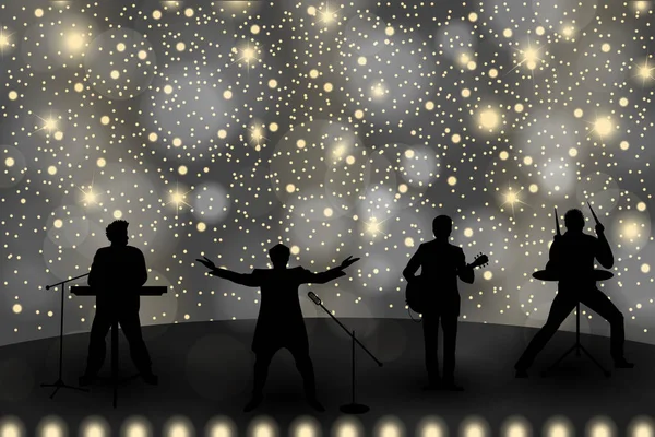 Banda espectáculo concepto con luz amarilla y estrellas. Conjunto de siluetas de músicos, cantantes y bailarines. Ilustración vectorial — Archivo Imágenes Vectoriales