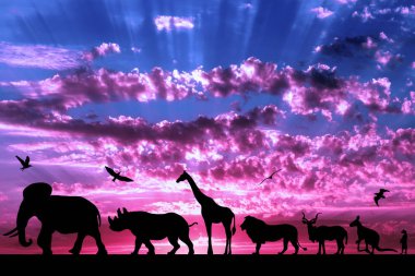 Mor bulutlu gün batımı arka plan üzerinde hayvanların siluetleri