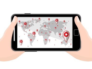Düz siyah modern cep telefonu elinde izole navigator programı ile. Vektör çizim