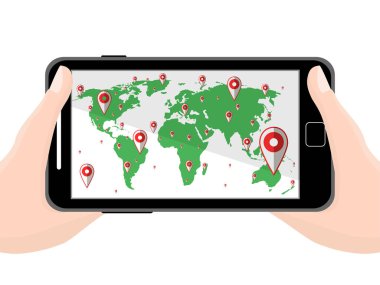 Düz siyah modern cep telefonu elinde izole navigator programı ile. Vektör çizim