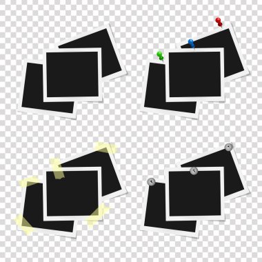 Gerçekçi vektör fotoğraf çerçeveleri üzerinde yapışkan bant, iğne ve perçin kümesi. Şablon fotoğraf tasarım, vektör çizim