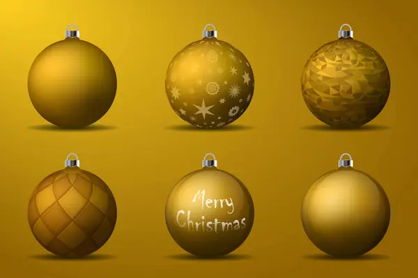 Gümüş sahipleri ile altın Noel topları. Sarı zemin üzerine izole gerçekçi süslemeleri kümesi. Vektör çizimler — Stok Vektör