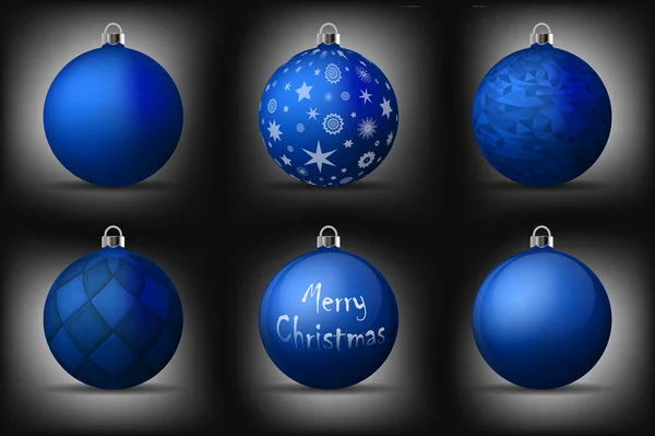 Boules de Noël bleues avec porte-monnaie en argent. Ensemble de décorations réalistes isolées sur fond noir. Illustrations vectorielles — Image vectorielle