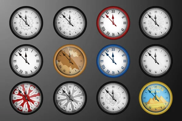 Pack de 12 relojes vintage realistas aislados sobre fondo oscuro. Ilustración vectorial — Archivo Imágenes Vectoriales