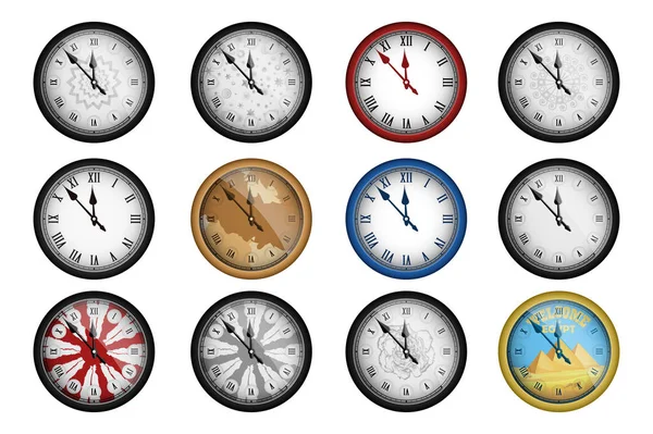 Pacote de 12 relógios vintage realistas isolados em branco. Ilustração vetorial —  Vetores de Stock
