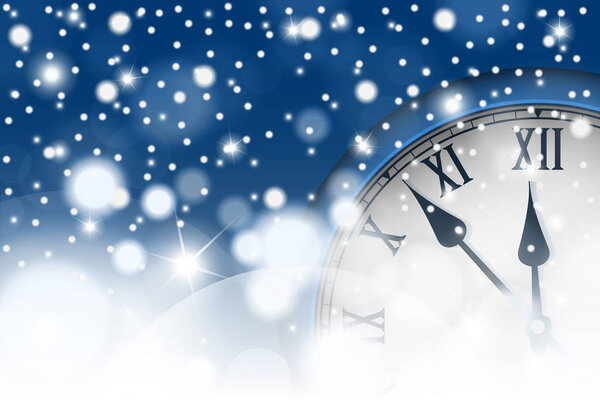 New Year and Christmas concept with vintage clock in blue style. Vector illustration