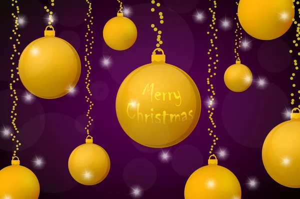 Xmas en nieuw jaar concept achtergrond. Gouden kerstballen op shining violette achtergrond. Vectorillustraties — Stockvector