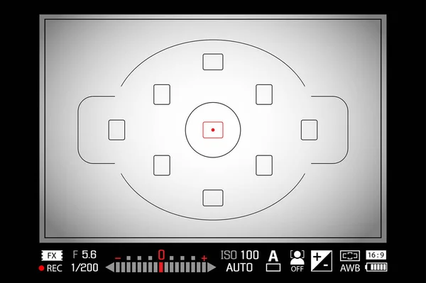 Tela de focagem de câmera DSLR digital moderna com configurações. Modelo de gravação de câmera visualizador moldado branco. Ilustração vetorial —  Vetores de Stock