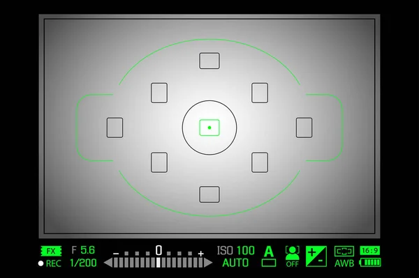 Tela de focagem de câmera DSLR digital moderna com configurações. Modelo de gravação de câmera visualizador moldado branco. Ilustração vetorial —  Vetores de Stock