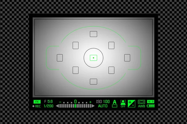 Σύγχρονη ψηφιακή Dslr φωτογραφική μηχανή με επίκεντρο οθόνη με τις ρυθμίσεις. Λευκή κορνίζα σκόπευτρο κάμερας καταγραφή πρότυπο. Εικονογράφηση διάνυσμα — Διανυσματικό Αρχείο