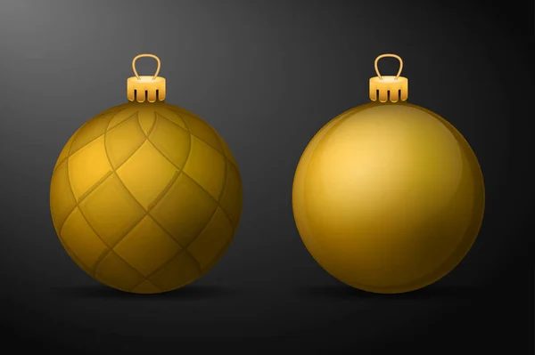 Bolas de Natal douradas com suportes dourados. Conjunto de decorações realísticas isoladas sobre fundo preto. Ilustrações vetoriais — Vetor de Stock