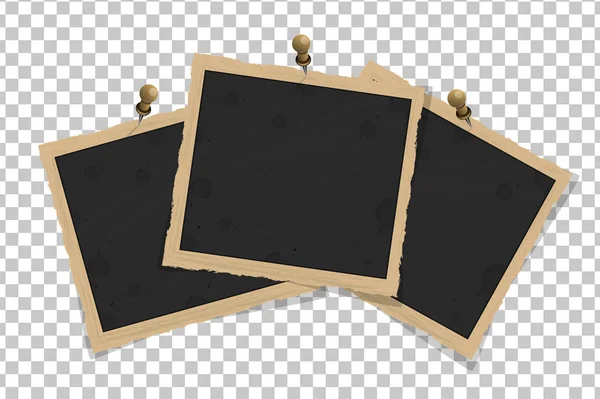 Aantal vierkante oude vintage frames sjabloon op pinnen met schaduwen geïsoleerd op transparante achtergrond. Vectorillustratie — Stockvector