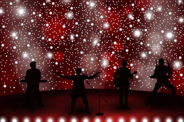 Banda espectáculo concepto con luz roja y estrellas. Conjunto de siluetas de músicos, cantantes y bailarines. Ilustración vectorial — Archivo Imágenes Vectoriales