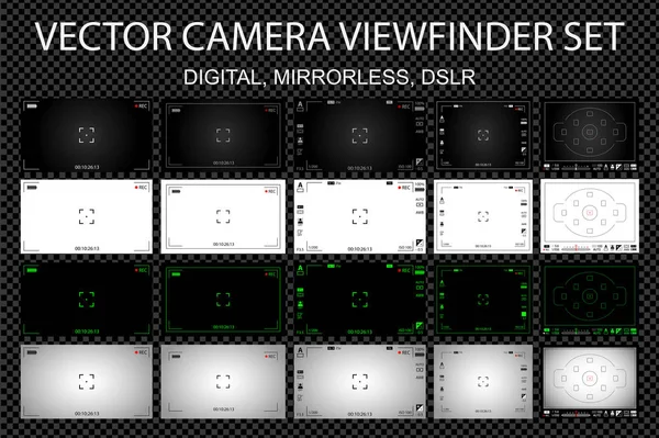 Modern camera focusing screen with settings 20 in 1 pack - digital, mirorless, DSLR. White, black and green viewfinders camera recording. Vector illustration — Stock Vector