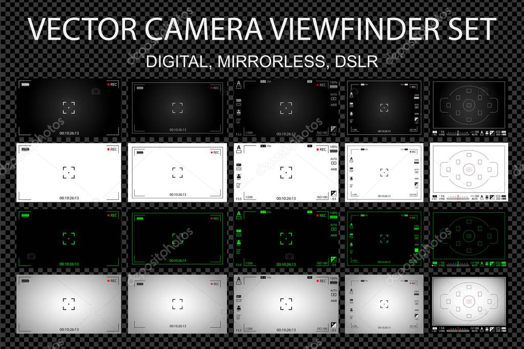 Modern camera focusing screen with settings 20 in 1 pack - digital, mirorless, DSLR. White, black and green viewfinders camera recording. Vector illustration