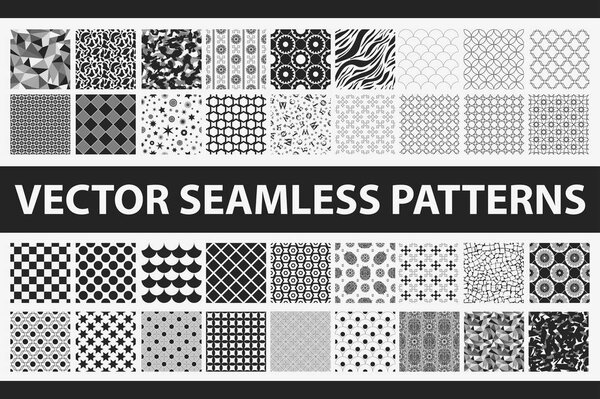 Retro styled vector seamless pattern pack: abstract, vintage, technology and geometric. 36 black and white elements. Vector illustration